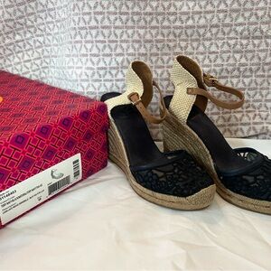 Tory Burch Navy and Tan Wedge Sandals “Lucia”